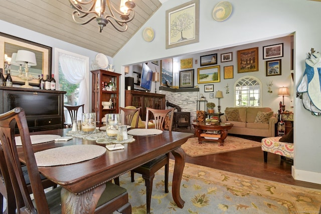 56 Giants Neck Rd, East Lyme, CT 06357 - dining area with wood finished floors, a chandelier, wood ceiling, and high vaulted ceiling