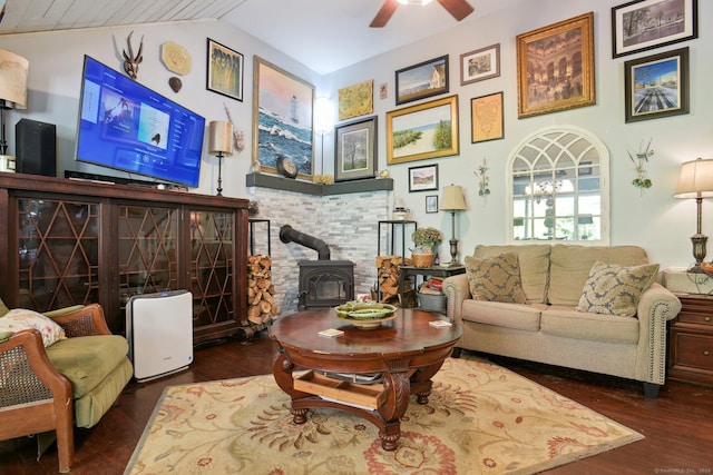 56 Giants Neck Rd, East Lyme, CT 06357 - living area featuring wood finished floors, a wood stove, lofted ceiling, and ceiling fan