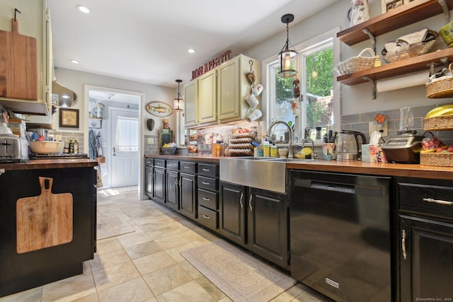 56 Giants Neck Rd, East Lyme, CT 06357 - kitchen with dishwasher, a sink, decorative backsplash, dark cabinetry, and wooden counters