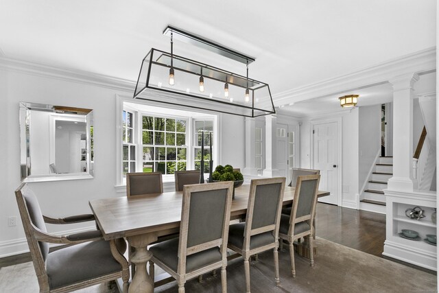 7 Over Rock Ln, Westport, CT 06880 - dining room featuring ornamental molding, dark wood-type flooring, decorative columns, baseboards, and stairs