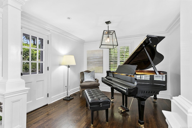 7 Over Rock Ln, Westport, CT 06880 - living area featuring decorative columns, wood finished floors, plenty of natural light, and crown molding