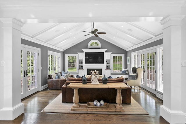 7 Over Rock Ln, Westport, CT 06880 - living room featuring ornate columns, french doors, a fireplace, and recessed lighting