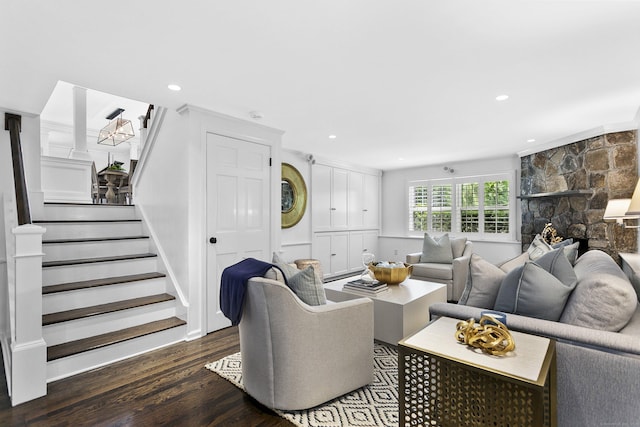 7 Over Rock Ln, Westport, CT 06880 - living area with dark wood-type flooring, stairway, recessed lighting, a stone fireplace, and baseboards