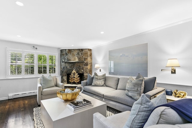 7 Over Rock Ln, Westport, CT 06880 - living room featuring a baseboard radiator, wood finished floors, ornamental molding, recessed lighting, and a fireplace