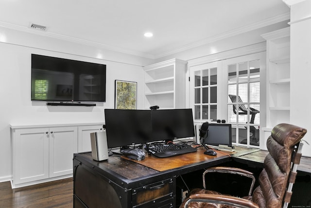 7 Over Rock Ln, Westport, CT 06880 - office area with ornamental molding, dark wood-type flooring, and recessed lighting