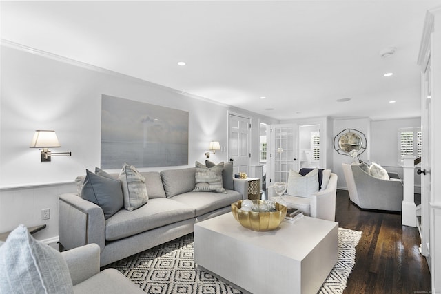 7 Over Rock Ln, Westport, CT 06880 - living room featuring wood finished floors, recessed lighting, and ornamental molding
