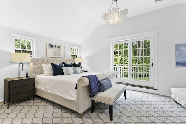 7 Over Rock Ln, Westport, CT 06880 - bedroom featuring multiple windows, access to exterior, lofted ceiling, a chandelier, and baseboards