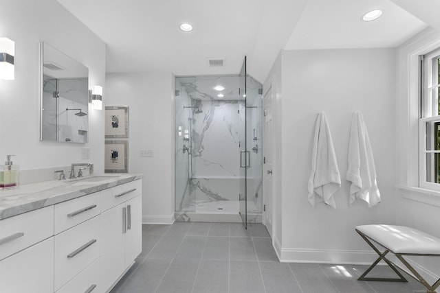 7 Over Rock Ln, Westport, CT 06880 - full bathroom with baseboards, a marble finish shower, vanity, recessed lighting, and tile patterned floors