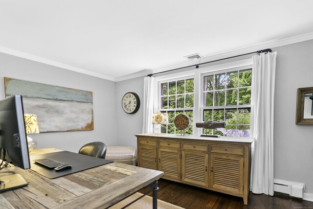 7 Over Rock Ln, Westport, CT 06880 - office featuring a baseboard radiator, crown molding, dark wood-type flooring, and baseboards