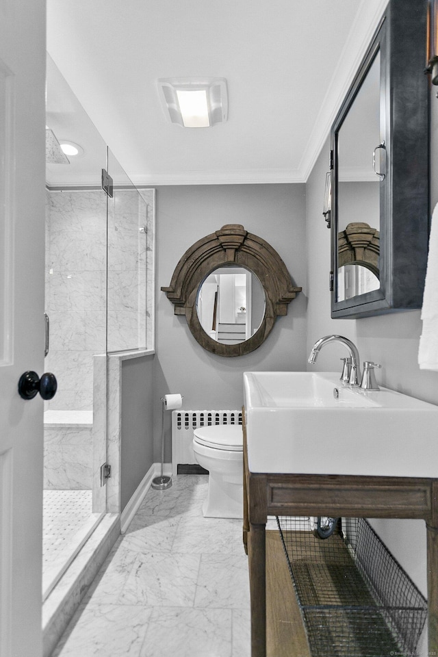 7 Over Rock Ln, Westport, CT 06880 - bathroom featuring radiator heating unit, marble finish flooring, a marble finish shower, toilet, and vanity