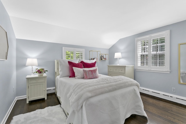 7 Over Rock Ln, Westport, CT 06880 - bedroom with a baseboard radiator, vaulted ceiling, baseboards, and wood finished floors