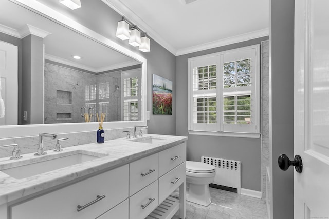 7 Over Rock Ln, Westport, CT 06880 - full bathroom featuring radiator heating unit, healthy amount of natural light, double vanity, tiled shower, and crown molding
