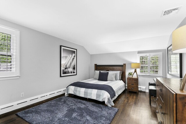 7 Over Rock Ln, Westport, CT 06880 - bedroom with a baseboard radiator, vaulted ceiling, dark wood-style flooring, multiple windows, and baseboards