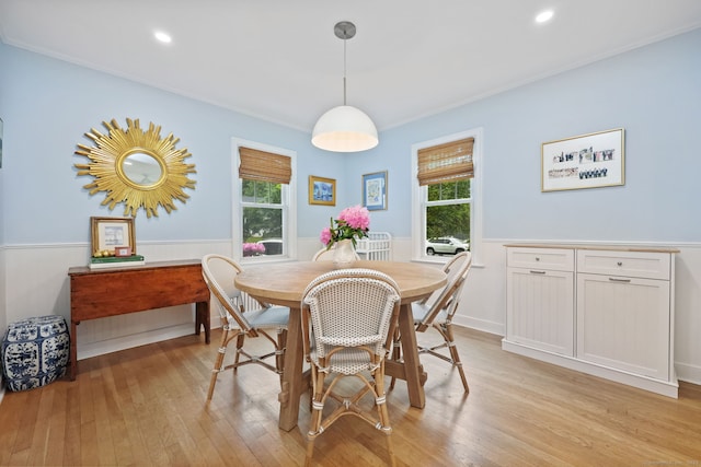 161 Crestwood Rd, Fairfield, CT 06824 - dining space featuring wainscoting, light wood-type flooring, plenty of natural light, ornamental molding, and recessed lighting