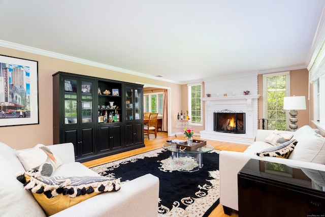 21 Forest Rd, Weston, CT 06883 - living room featuring ornamental molding, light wood finished floors, and a fireplace