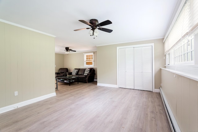 21 Forest Rd, Weston, CT 06883 - living area with baseboard heating, light wood-type flooring, a ceiling fan, ornamental molding, and baseboards