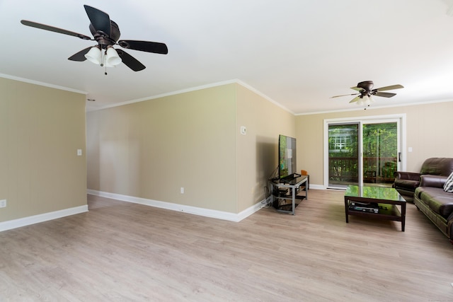 21 Forest Rd, Weston, CT 06883 - living area with a ceiling fan, light wood-style flooring, crown molding, and baseboards