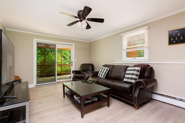21 Forest Rd, Weston, CT 06883 - living area featuring a baseboard heating unit, light wood-style flooring, crown molding, and ceiling fan