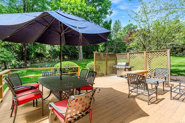 21 Forest Rd, Weston, CT 06883 - wooden terrace with outdoor dining space, a grill, and a lawn