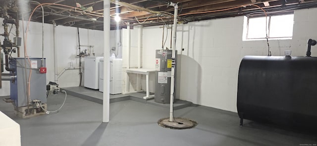 265 Harlem Ave, Bridgeport, CT 06606 - basement with heating fuel, electric water heater, a heating unit, and washer and clothes dryer