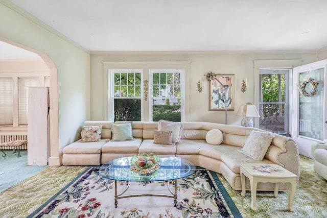 15 Dartley St, Stamford, CT 06905 - living area featuring carpet flooring, ornamental molding, healthy amount of natural light, and arched walkways