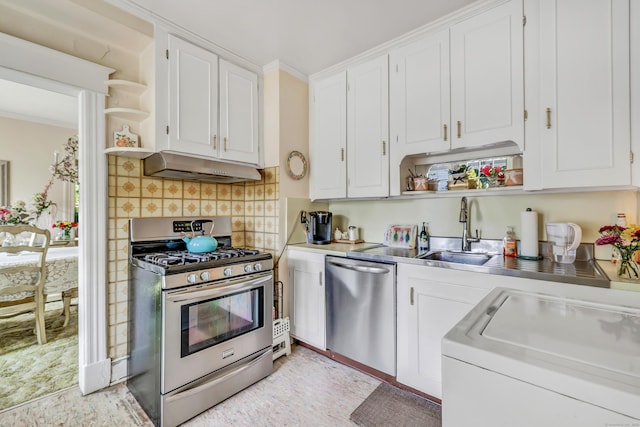 15 Dartley St, Stamford, CT 06905 - kitchen featuring appliances with stainless steel finishes, open shelves, a sink, white cabinets, and under cabinet range hood