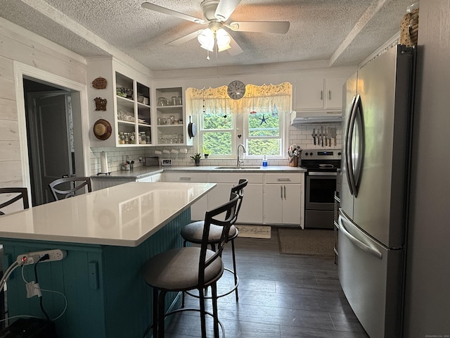 39 Swain Ave, Meriden, CT 06450 - kitchen featuring appliances with stainless steel finishes, a sink, under cabinet range hood, a textured ceiling, and decorative backsplash