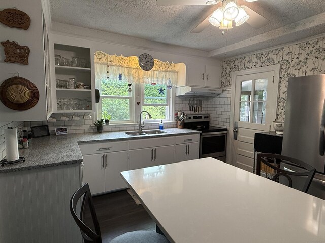 39 Swain Ave, Meriden, CT 06450 - kitchen with a sink, stainless steel appliances, under cabinet range hood, backsplash, and ceiling fan