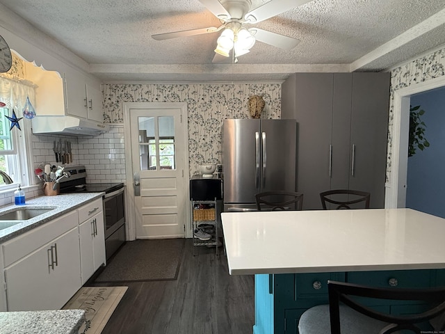 39 Swain Ave, Meriden, CT 06450 - kitchen featuring appliances with stainless steel finishes, a sink, dark wood finished floors, a textured ceiling, and light countertops