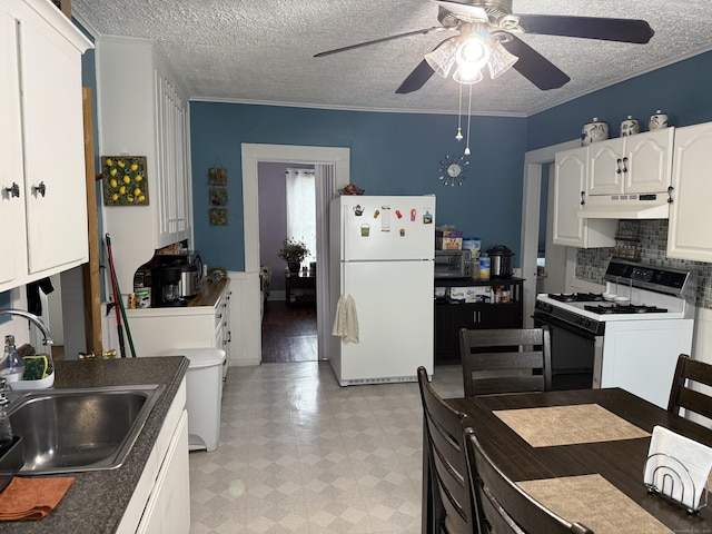 39 Swain Ave, Meriden, CT 06450 - kitchen featuring freestanding refrigerator, gas stove, under cabinet range hood, a ceiling fan, and a sink