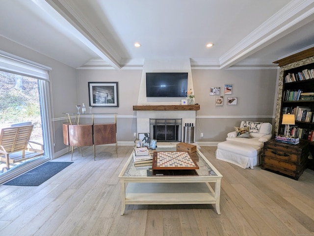1036 Heritage Vlg Unit A, Southbury, CT 06488 - living area with wood-type flooring, ornamental molding, a fireplace with raised hearth, recessed lighting, and baseboards