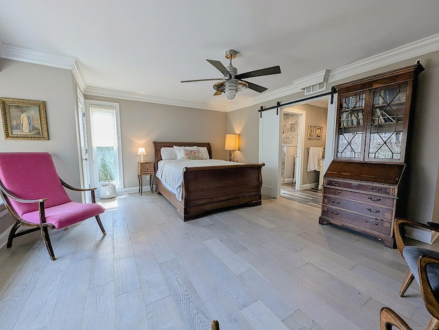 1036 Heritage Vlg Unit A, Southbury, CT 06488 - bedroom with ornamental molding, baseboards, light wood-style flooring, a barn door, and ceiling fan