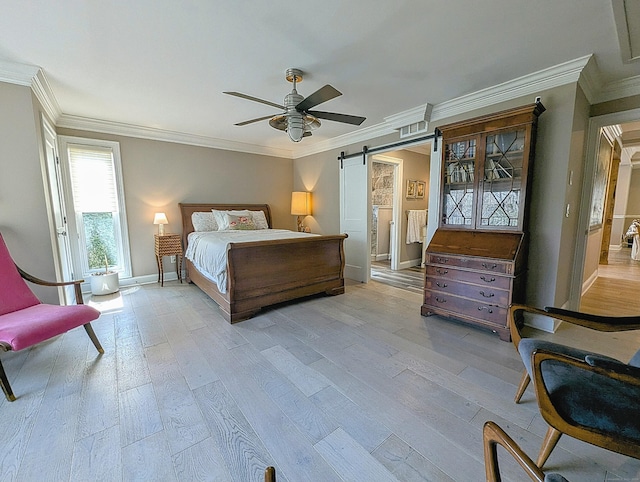 1036 Heritage Vlg Unit A, Southbury, CT 06488 - bedroom with light wood finished floors, crown molding, baseboards, a ceiling fan, and a barn door