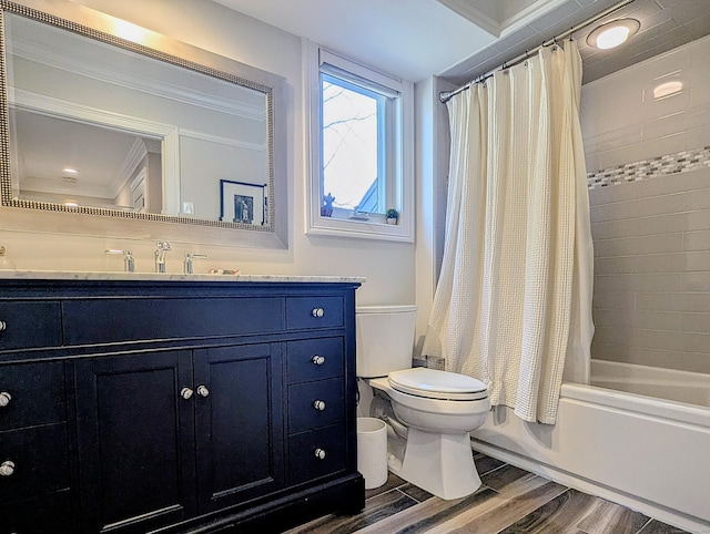 1036 Heritage Vlg Unit A, Southbury, CT 06488 - bathroom featuring toilet, vanity, wood finished floors, shower / tub combo, and ornamental molding