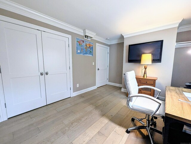 1036 Heritage Vlg Unit A, Southbury, CT 06488 - office area with baseboards, ornamental molding, and light wood-type flooring