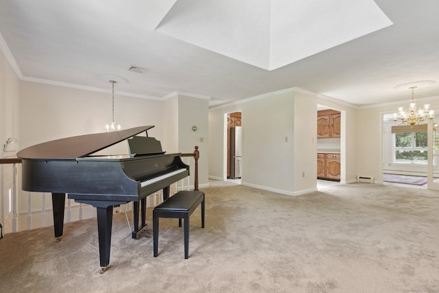 205 Ocean View Ave, Groton, CT 06355 - sitting room featuring a chandelier, light carpet, ornamental molding, baseboards, and a baseboard heating unit