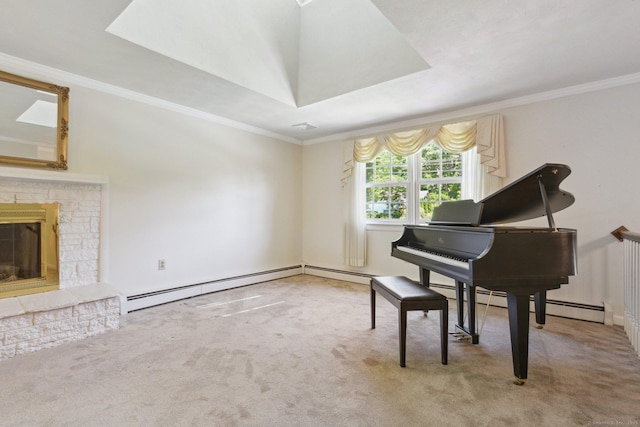205 Ocean View Ave, Groton, CT 06355 - living area featuring carpet flooring, a baseboard heating unit, ornamental molding, and a stone fireplace