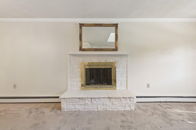 205 Ocean View Ave, Groton, CT 06355 - unfurnished living room featuring crown molding, a baseboard heating unit, carpet floors, and a fireplace