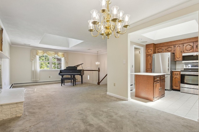 205 Ocean View Ave, Groton, CT 06355 - kitchen featuring stainless steel appliances, a skylight, a chandelier, brown cabinetry, and crown molding