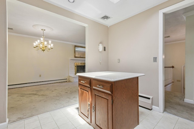 205 Ocean View Ave, Groton, CT 06355 - kitchen with a baseboard radiator, light colored carpet, light tile patterned floors, ornamental molding, and a brick fireplace