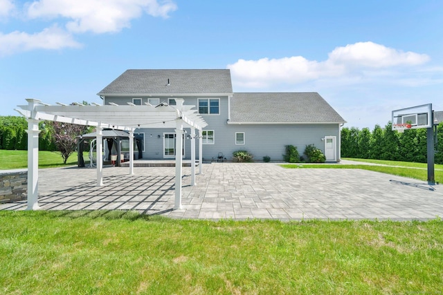 15 Lafountain Rd, Suffield, CT 06078 - back of property featuring a pergola, a patio area, a yard, and a shingled roof