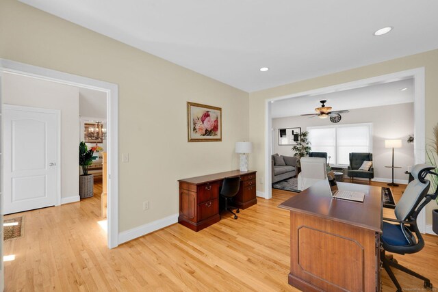 15 Lafountain Rd, Suffield, CT 06078 - office area with light wood-style floors, a ceiling fan, baseboards, and recessed lighting