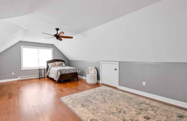15 Lafountain Rd, Suffield, CT 06078 - bedroom with baseboard heating, lofted ceiling, wood finished floors, ceiling fan, and baseboards