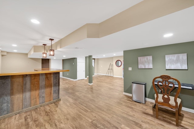 15 Lafountain Rd, Suffield, CT 06078 - indoor wet bar with baseboards, light wood-style flooring, hanging light fixtures, and recessed lighting