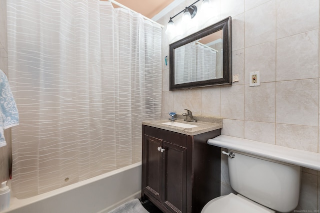 45 Valley Rd, Hamden, CT 06514 - full bath with tile walls, shower / tub combo with curtain, vanity, and toilet