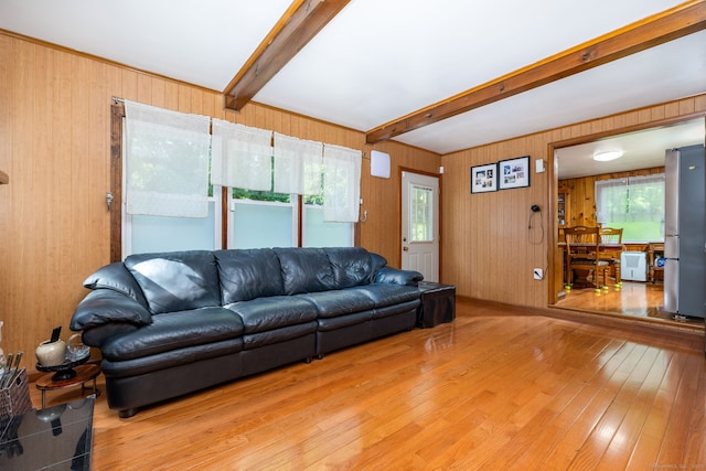 45 Valley Rd, Hamden, CT 06514 - living area featuring hardwood / wood-style flooring, beam ceiling, and wood walls
