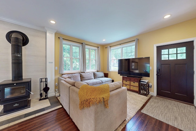 9 Purdum Rd, New Fairfield, CT 06812 - living room with a wood stove, wood finished floors, baseboards, and recessed lighting