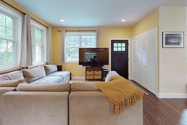 9 Purdum Rd, New Fairfield, CT 06812 - living area featuring baseboards, dark wood finished floors, and recessed lighting
