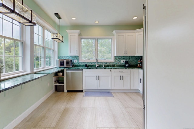 9 Purdum Rd, New Fairfield, CT 06812 - kitchen featuring dishwasher, a sink, white cabinetry, dark stone counters, and recessed lighting