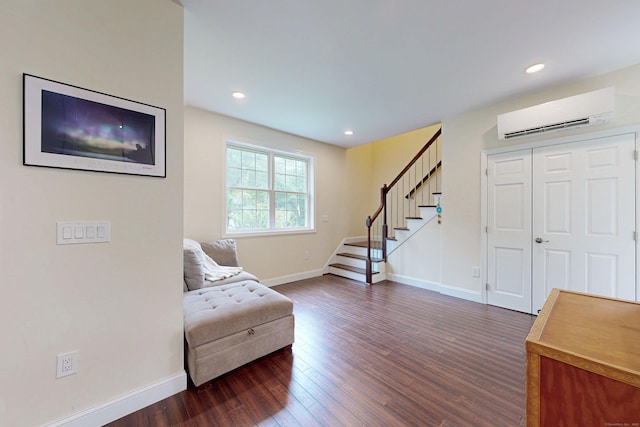 9 Purdum Rd, New Fairfield, CT 06812 - living area featuring a wall mounted AC, stairway, dark wood finished floors, baseboards, and recessed lighting